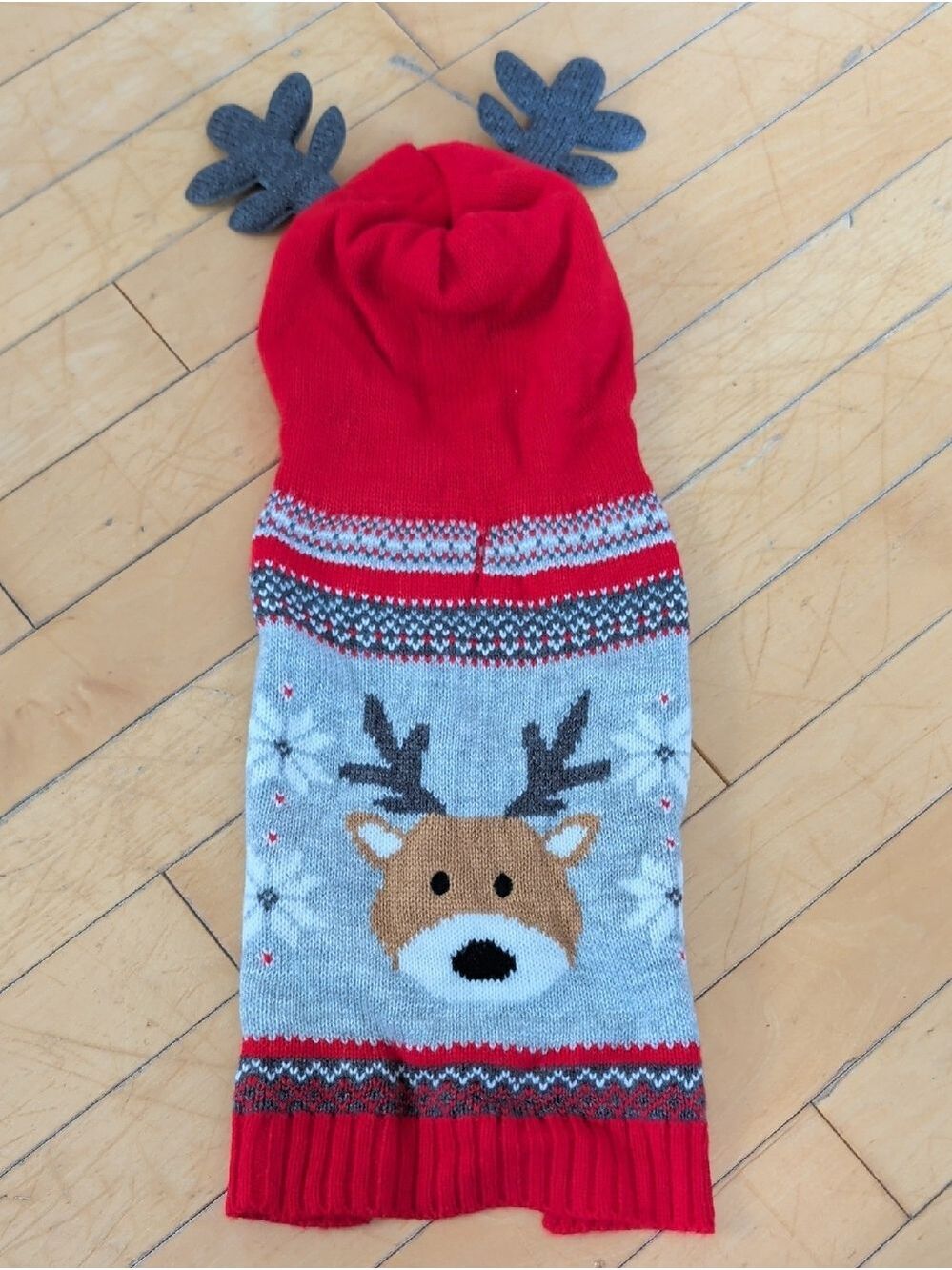 🩵 4/$20 15lb Dog Festive Reindeer Knit Sweater Hood‎ - Red and Gray Medium
